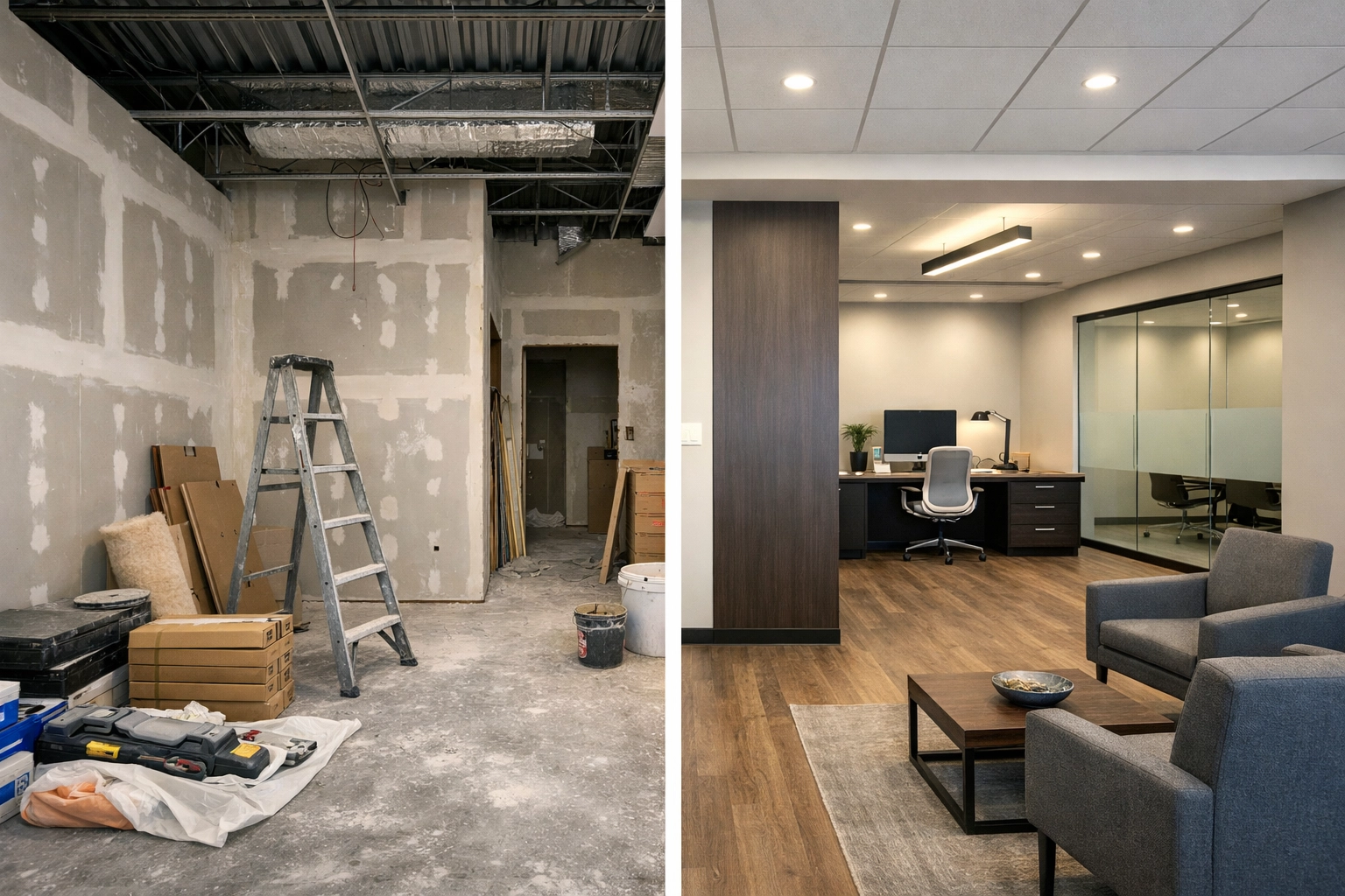 Office renovation before and after showing construction phase and completed modern workspace