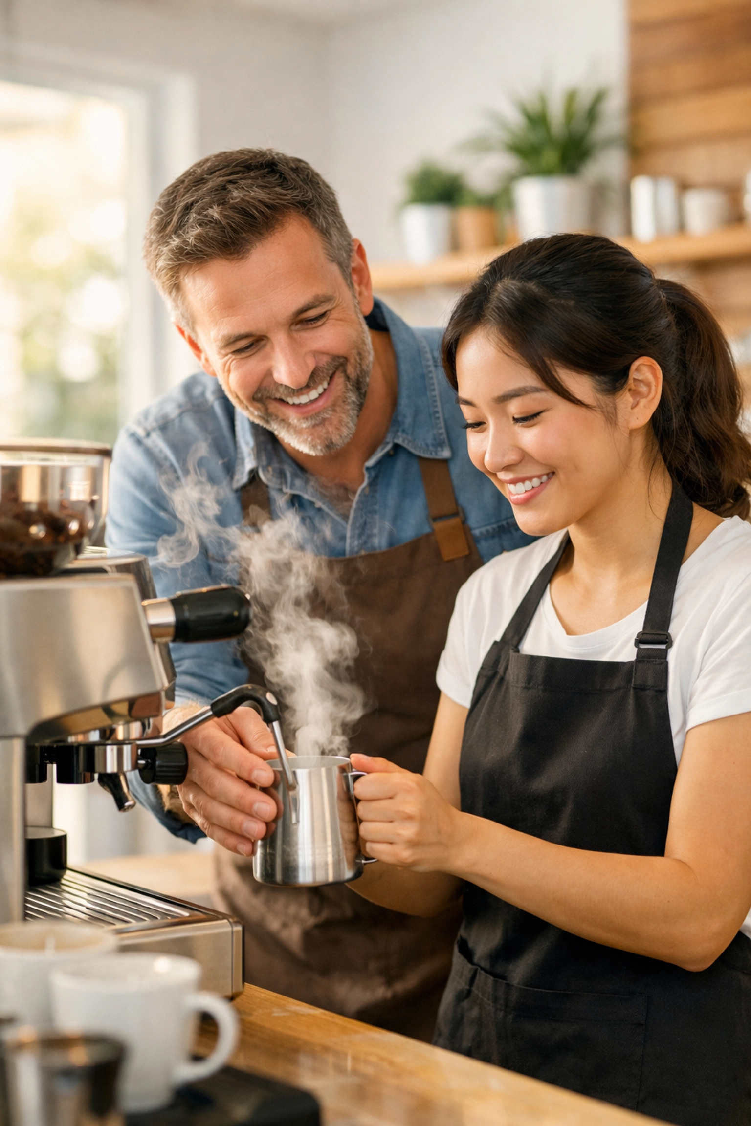 Professional barista training and milk steaming mentorship provided by a coffee shop supplier.
