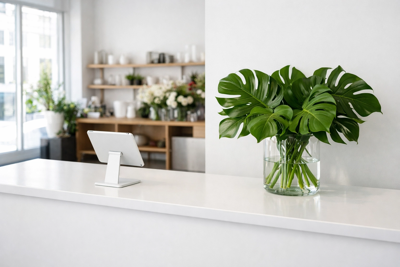 Professional boutique counter with a tablet displaying an online booking system for local business operations.