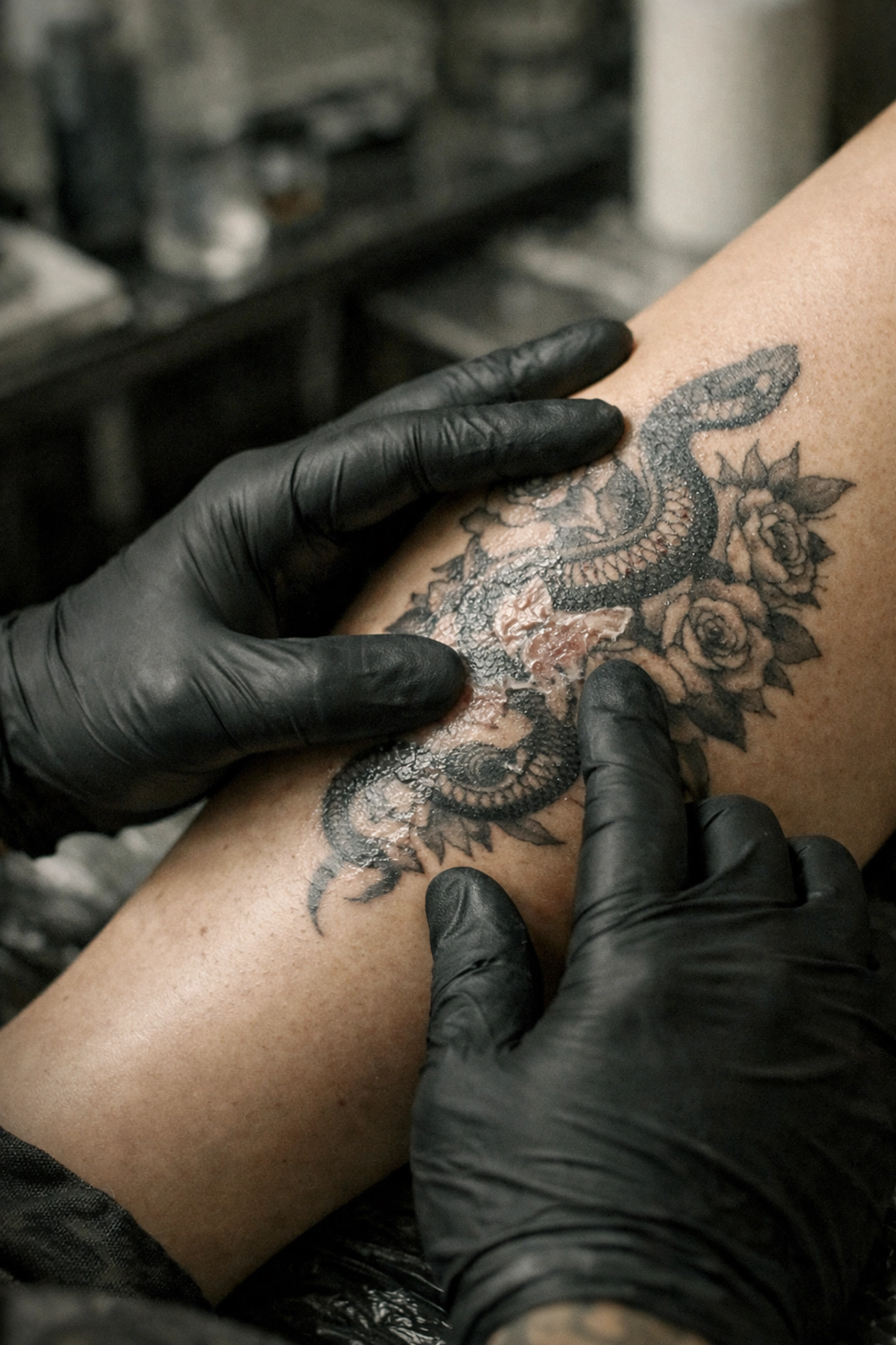 A professional artist checking a healing tattoo at a tattoo shop hixson tn.