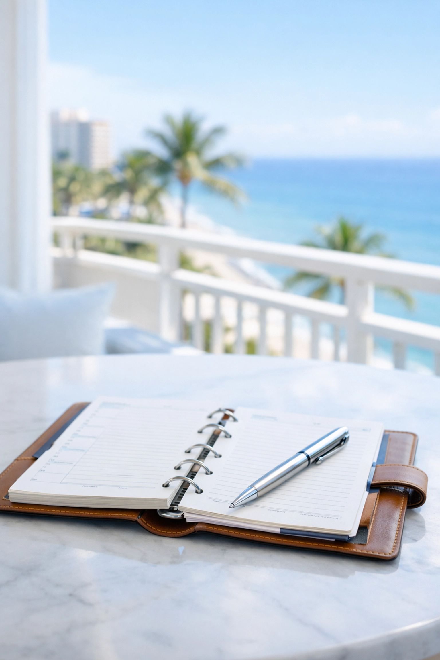 Professional estate planning documents on a desk overlooking the Boca Raton coast.
