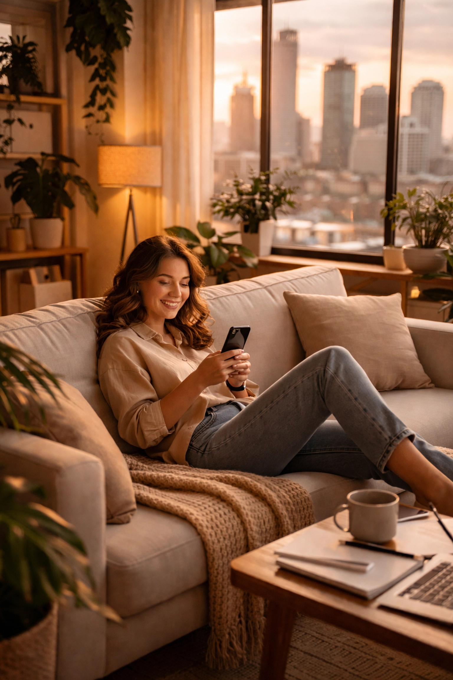 Young professional relaxing in a stylish rented apartment with city views, enjoying the flexibility of renting in 2026