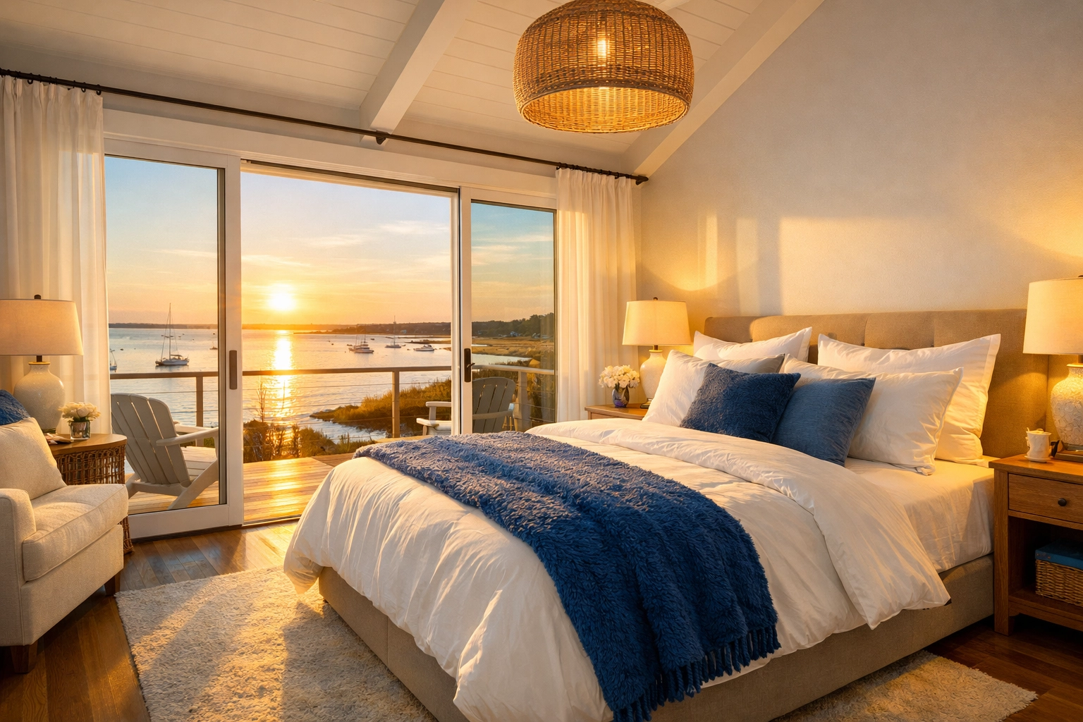 A dust-free master bedroom sanctuary overlooking Wellfleet Harbor after a professional deep cleaning service.