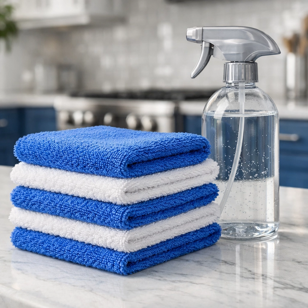 Professional microfiber cloths and eco-friendly house cleaning MA supplies on a luxury marble countertop.