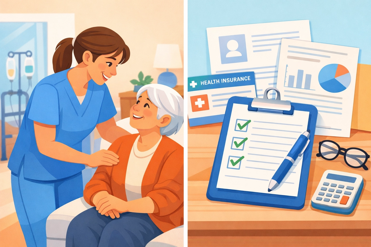 Home care nurse assisting patient while organizing Medicaid appeal documentation