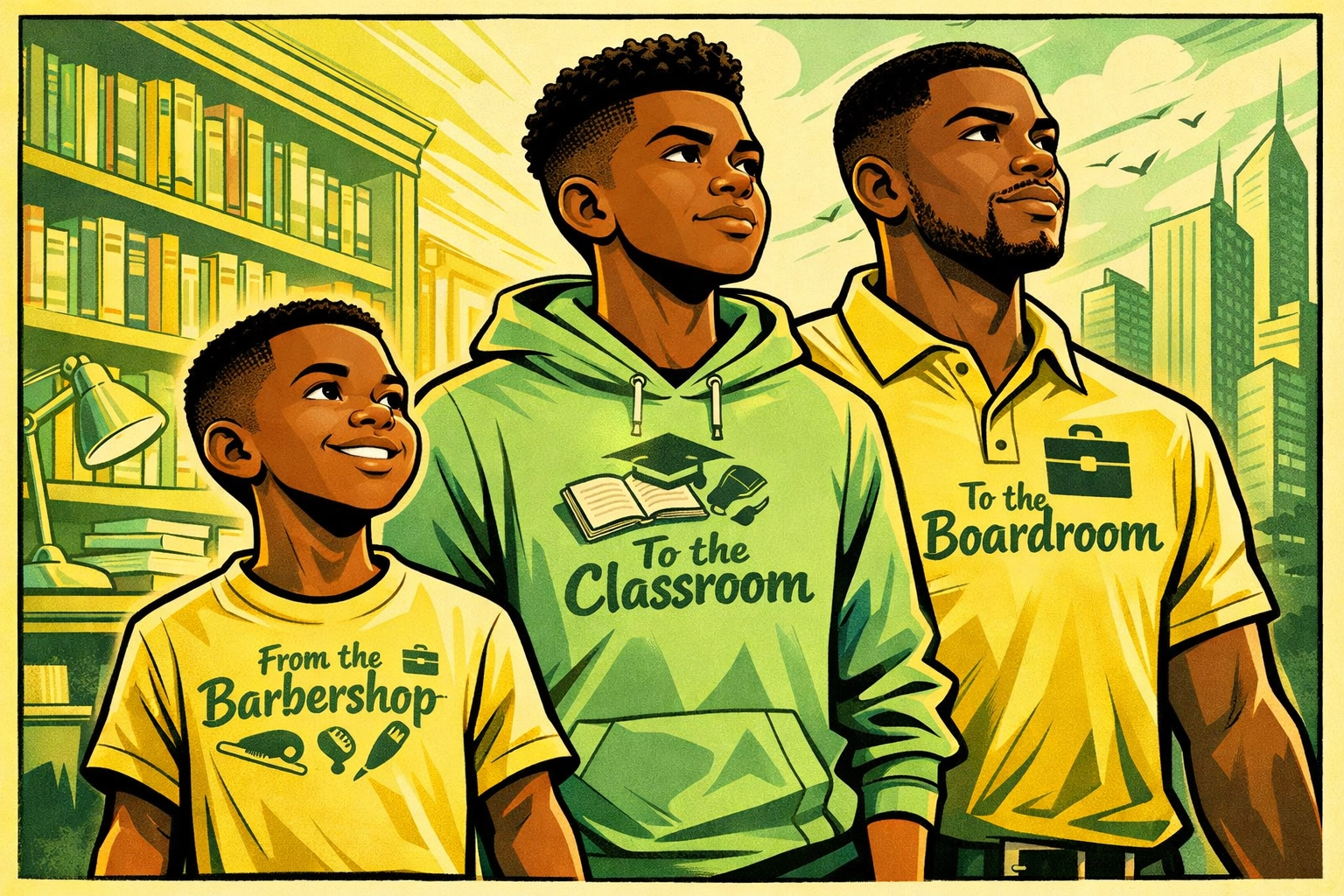 Diverse Black males in CRC threads representing leadership and the journey from the barbershop to the boardroom.
