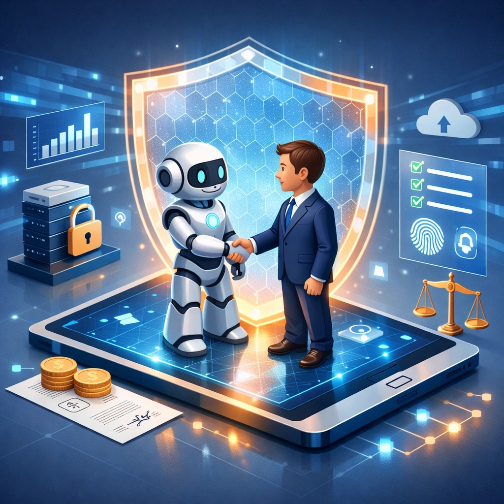 Insurance advisor and AI robot shaking hands to represent secure data governance and 2026 regulation updates.