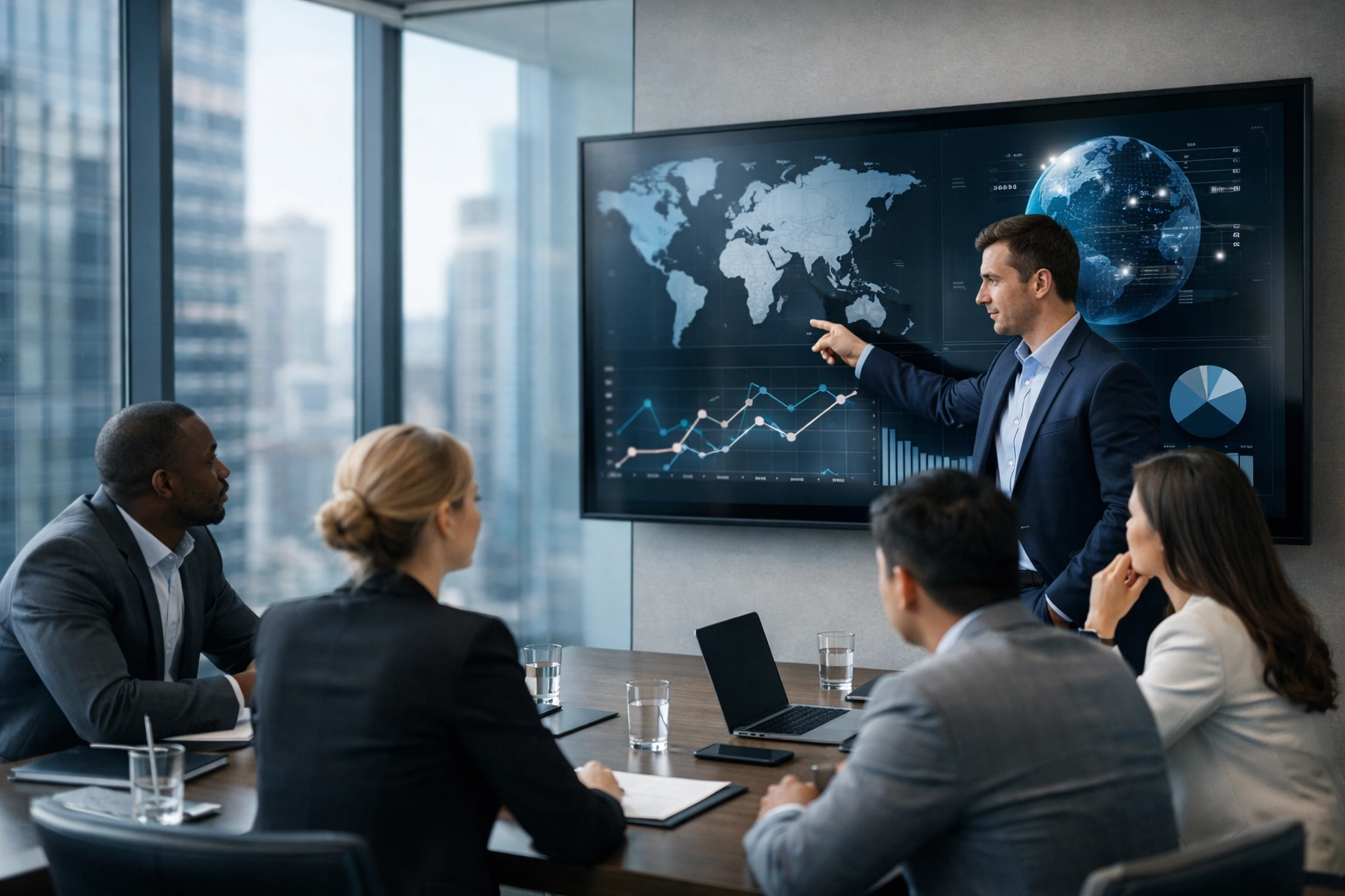 Strategic consultants analyzing global sports data visualizations in a modern boardroom for industry planning.