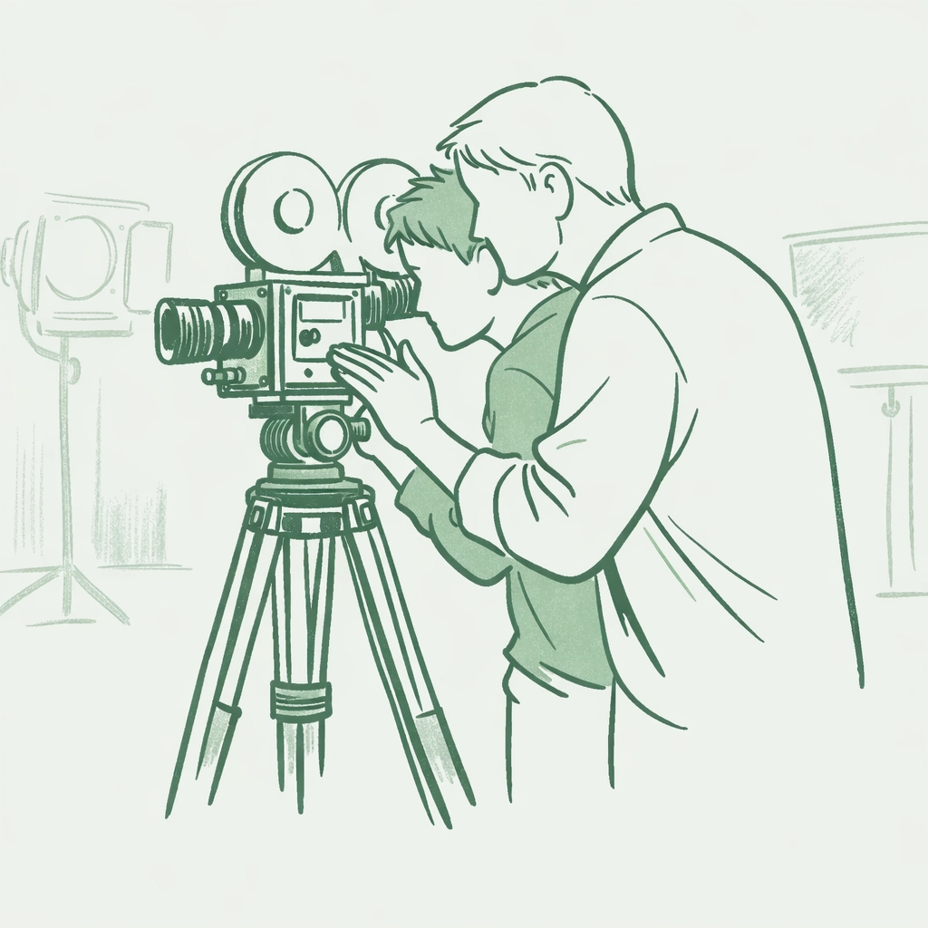 Two men collaborate behind film camera in creative partnership and unspoken connection