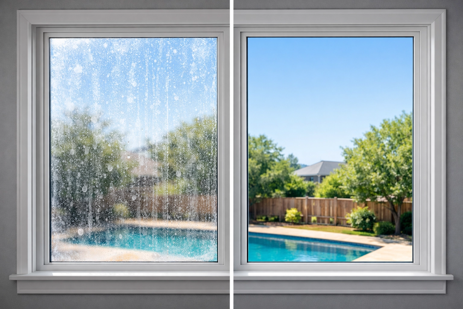 Comparison showing spotless pure water cleaned window versus tap water streaks and mineral deposits