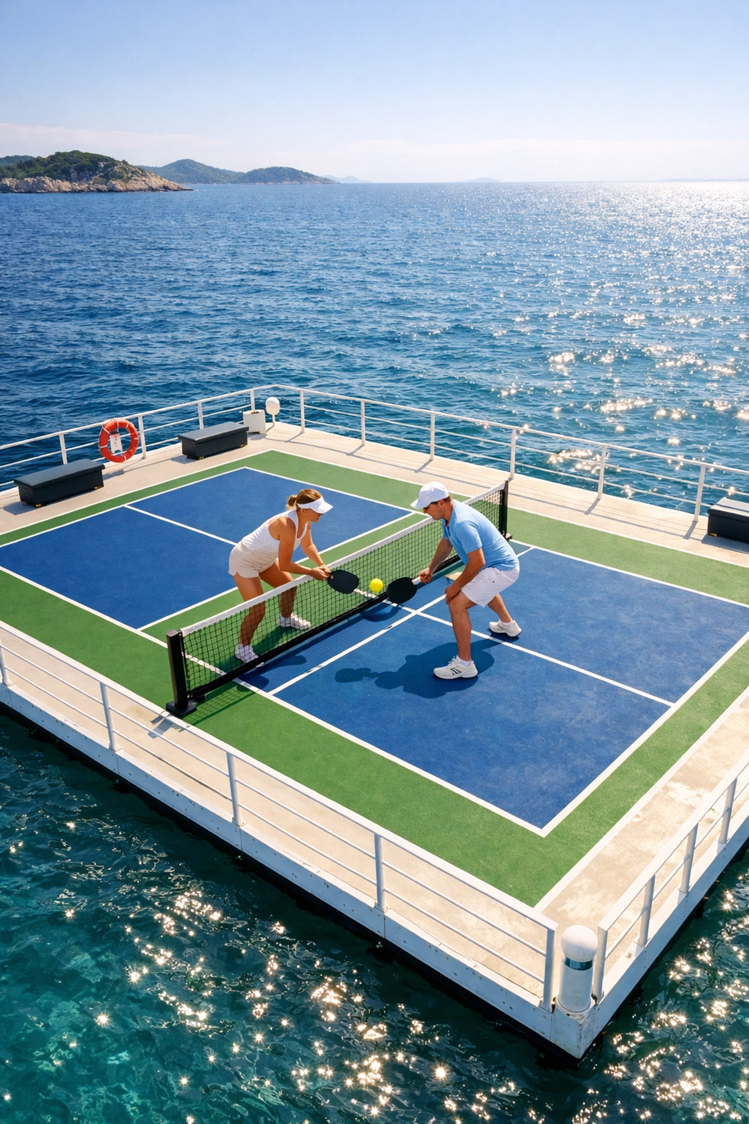 A professional floating pickleball court on the turquoise Adriatic Sea during a luxury Croatia cruise.