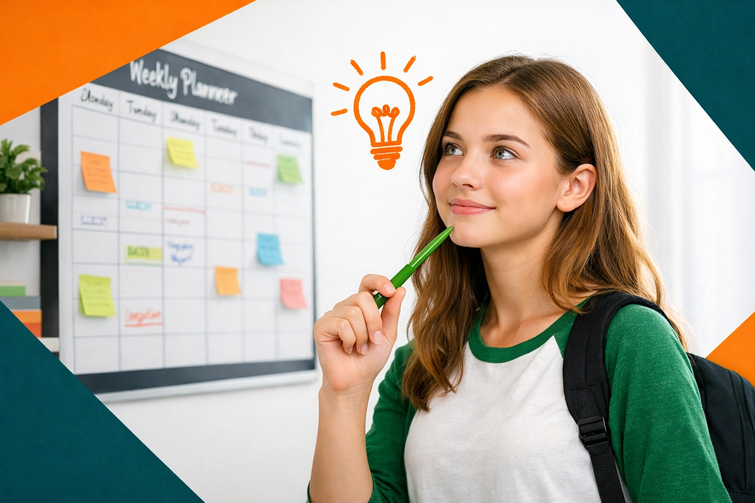 A teenage girl using a wall planner to manage her schedule, gaining independence through life skills training.