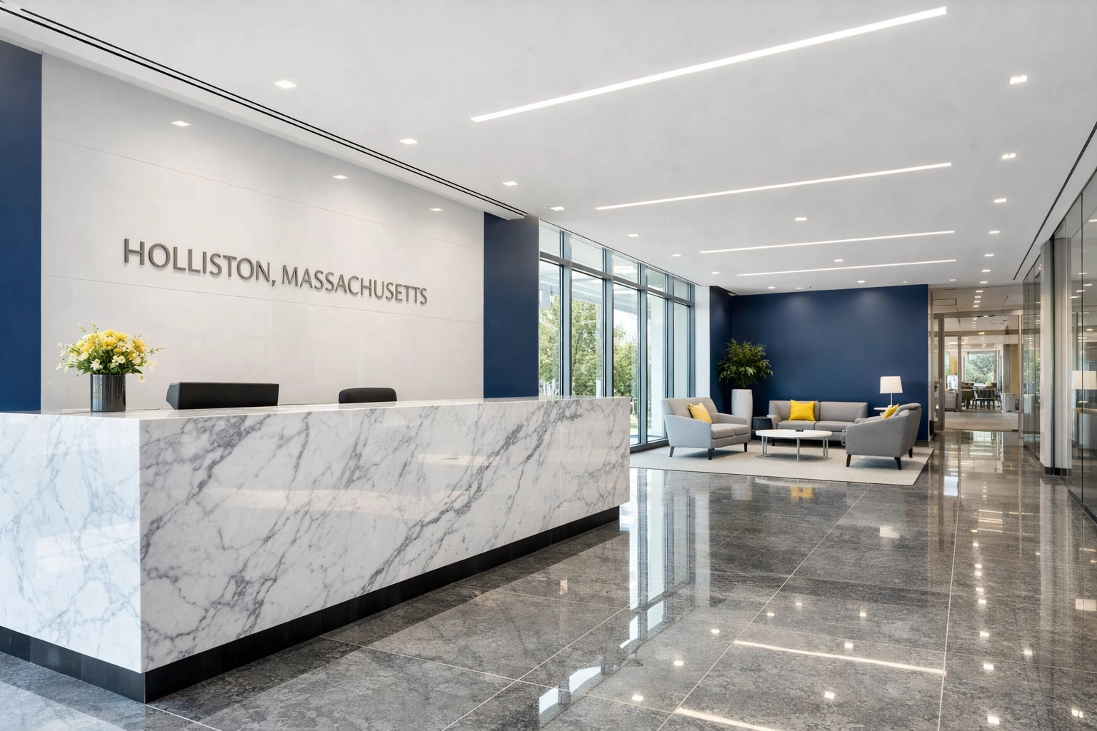 Pristine corporate lobby in Massachusetts after a professional commercial cleaning Holliston service.