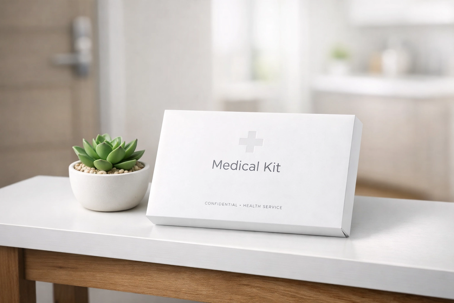 Discreet medical package on a table, illustrating convenient home delivery of prescribed weight loss medication.