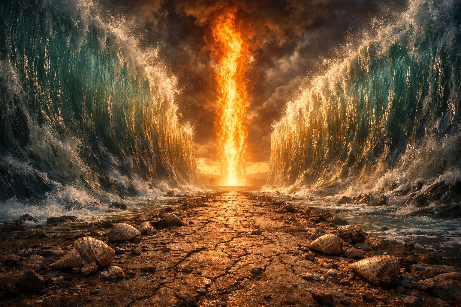 Cinematic biblical art of the parting of the Red Sea featuring towering water walls and a pillar of light.
