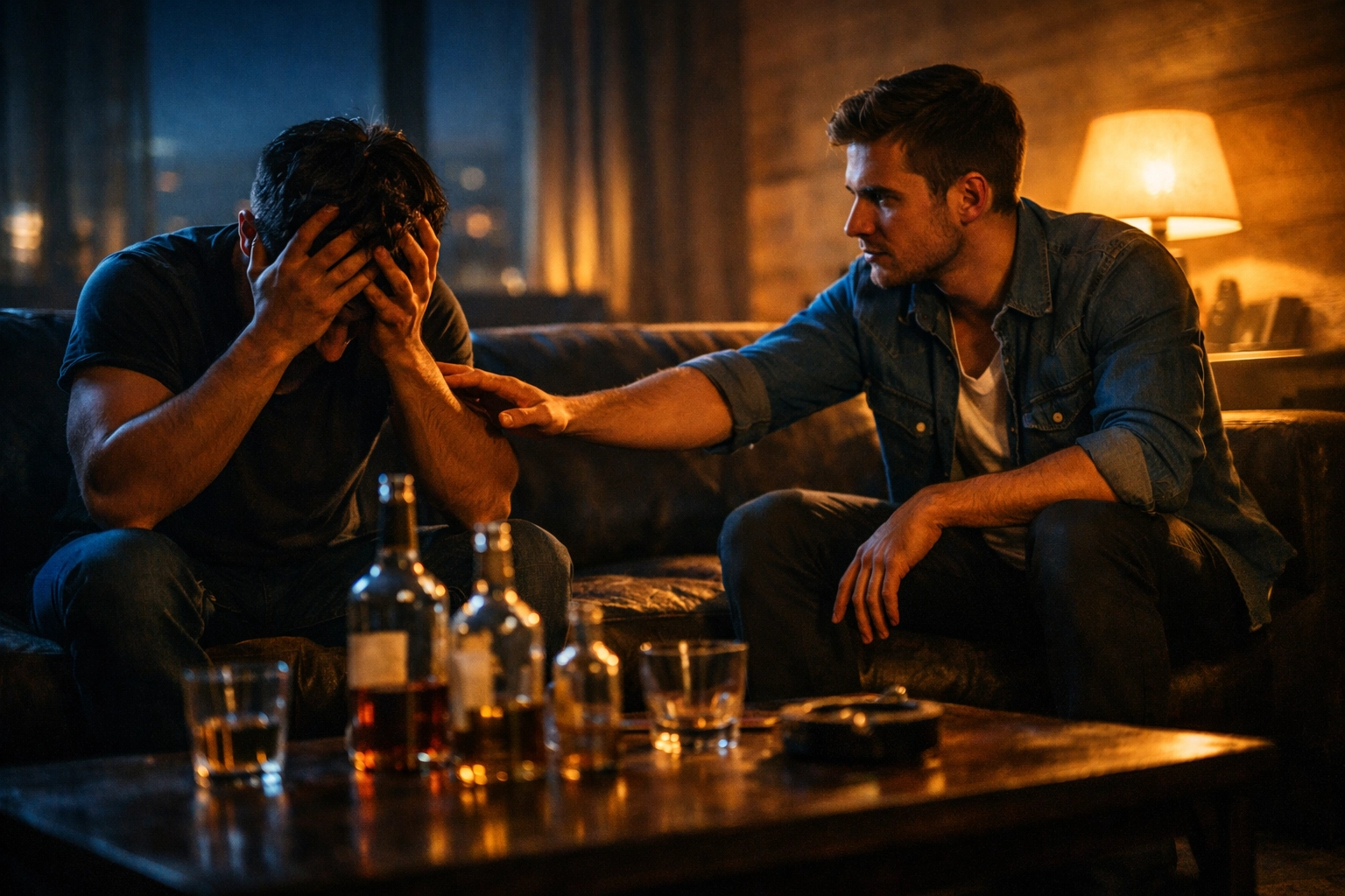 Two men on couch dealing with addiction crisis, one reaching out in support - MM romance breaking point
