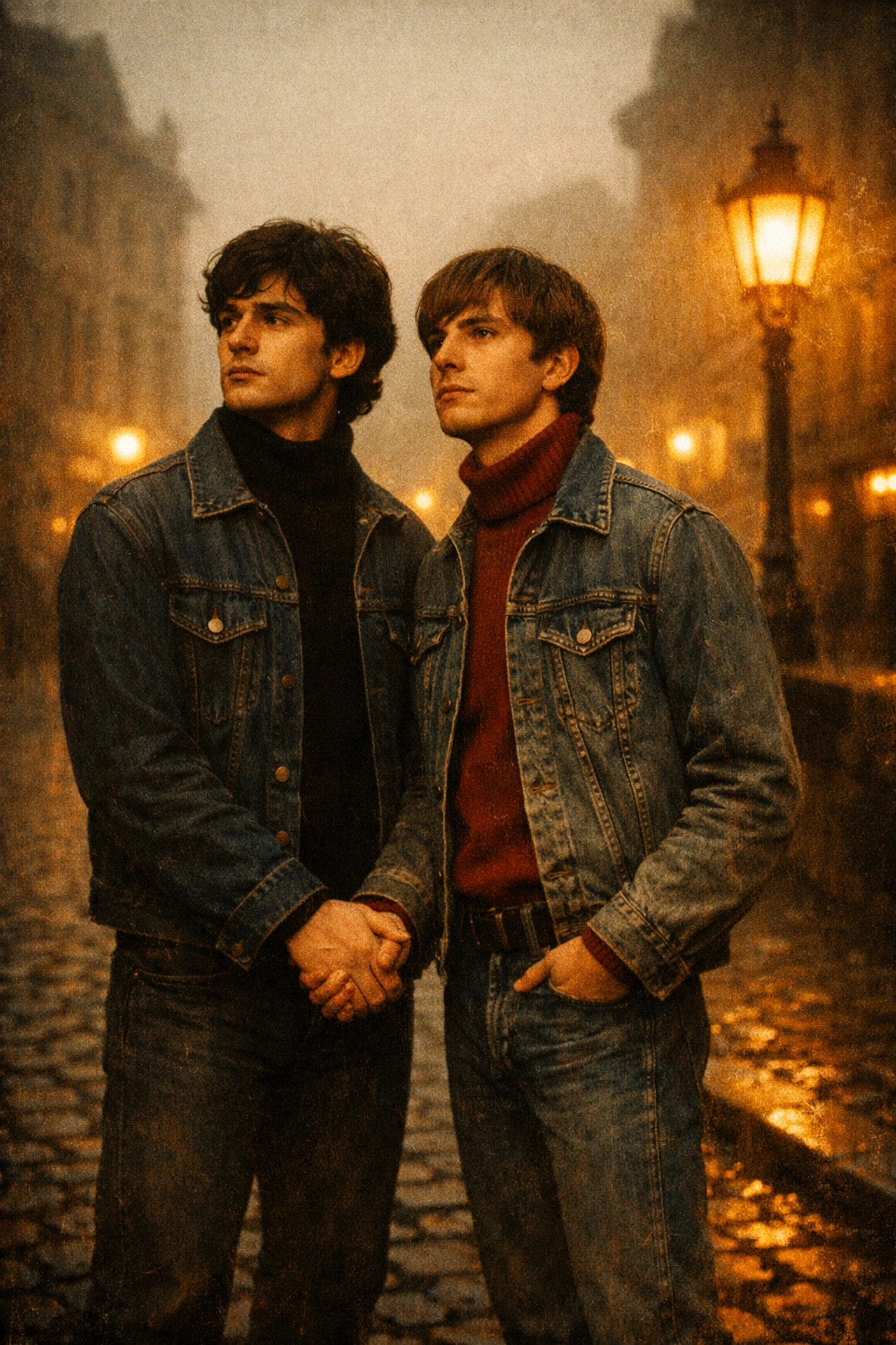 Two gay men in vintage fashion holding hands, a scene reminiscent of gay historical romance.