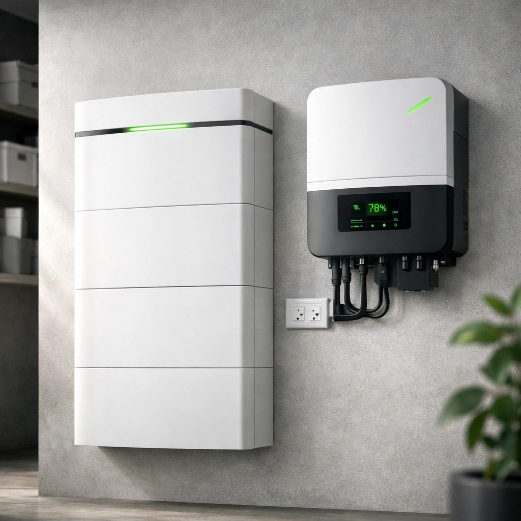 Modern home solar battery storage and inverter system installed neatly with a long-term workmanship warranty.