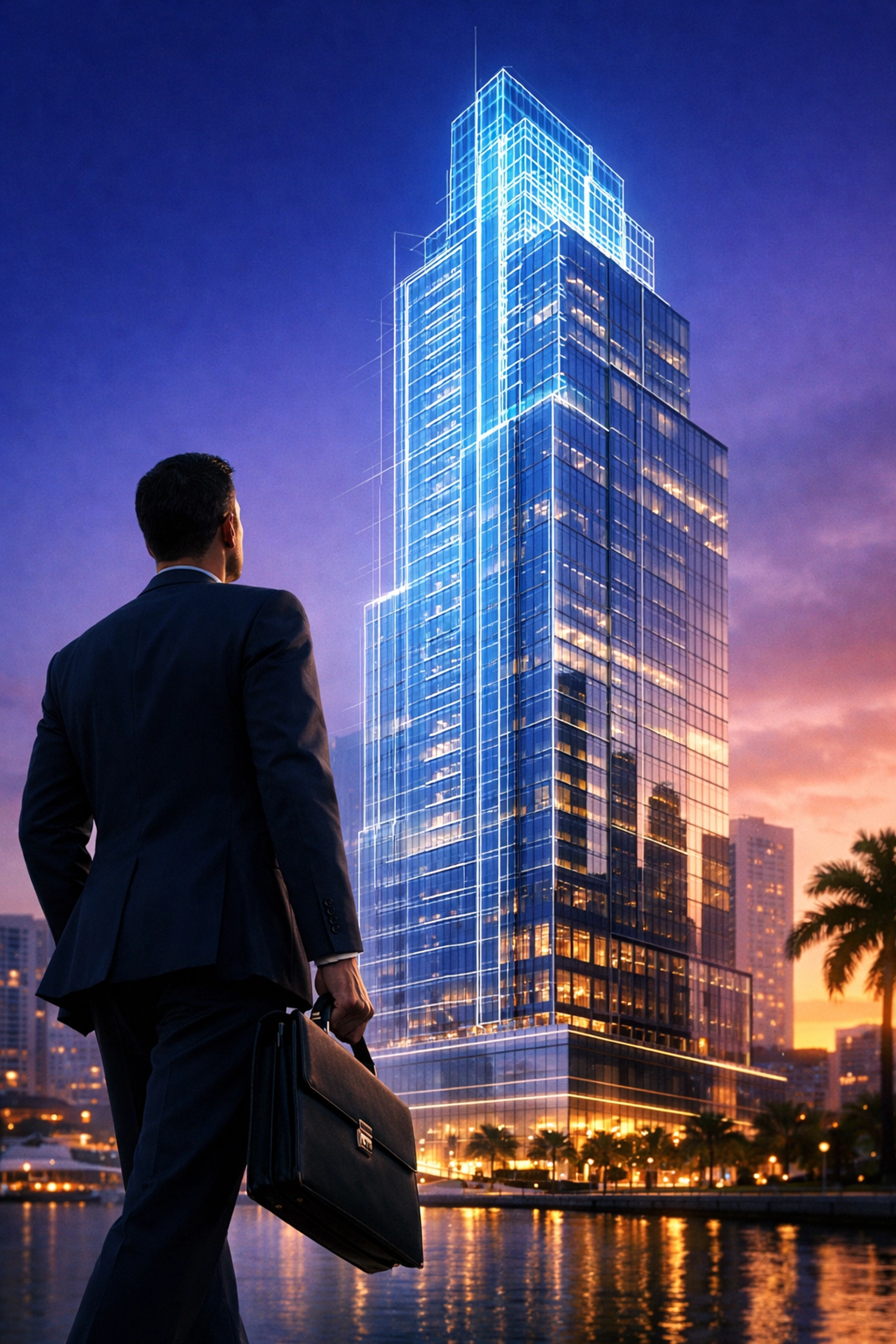 Strategic architectural blueprint over an urban building, illustrating the bridge between CMO strategy and marketing execution.