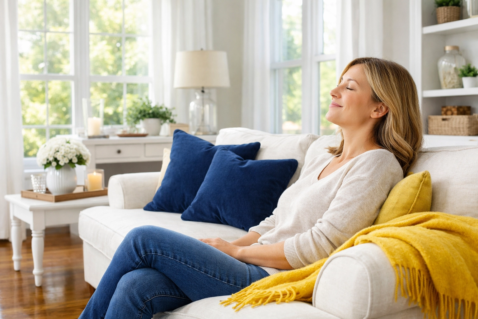 Relaxing in a spotless, bright living room thanks to expert deep cleaning Worcester MA services.