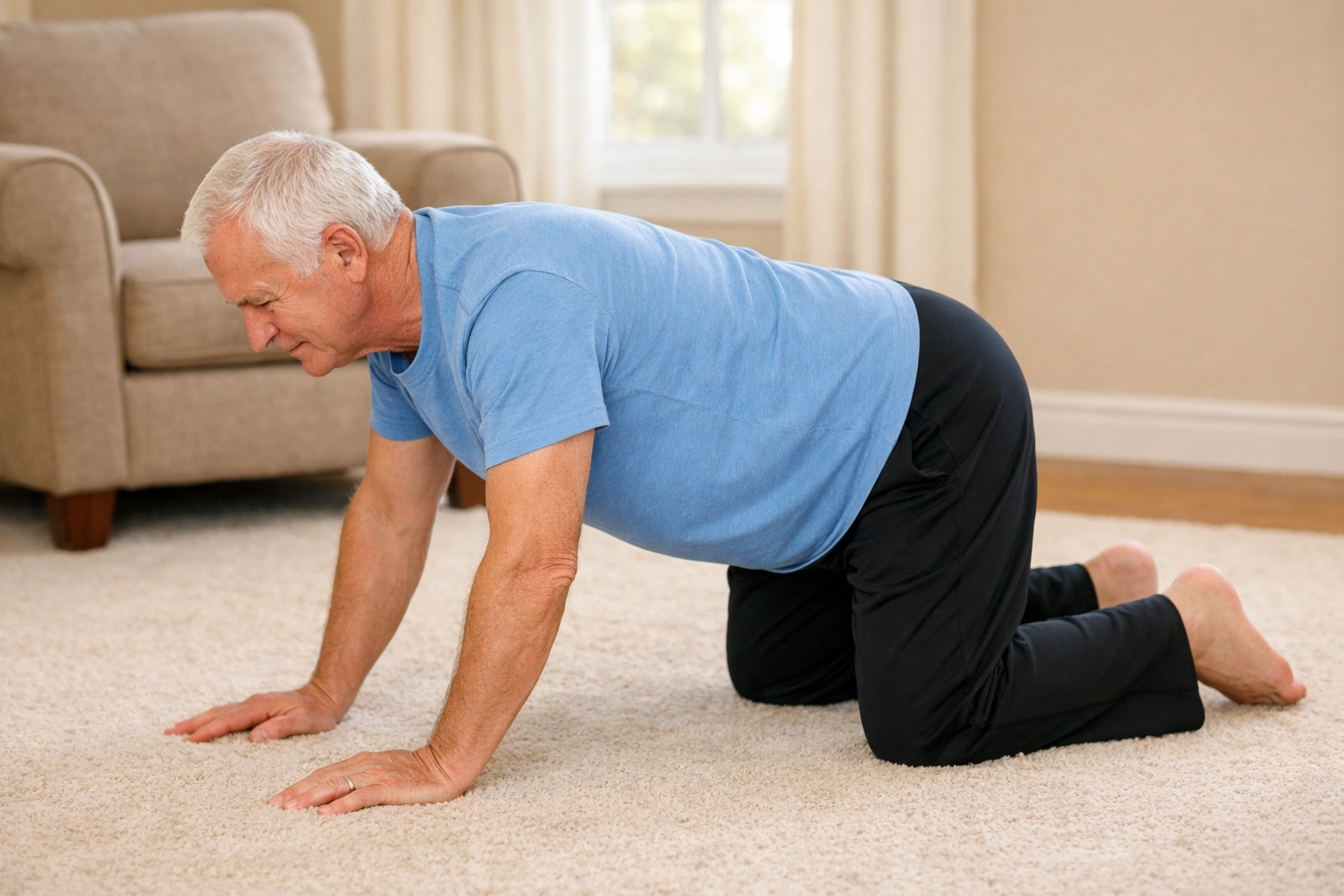 Senior man in hands-and-knees position showing proper crawling technique after a fall