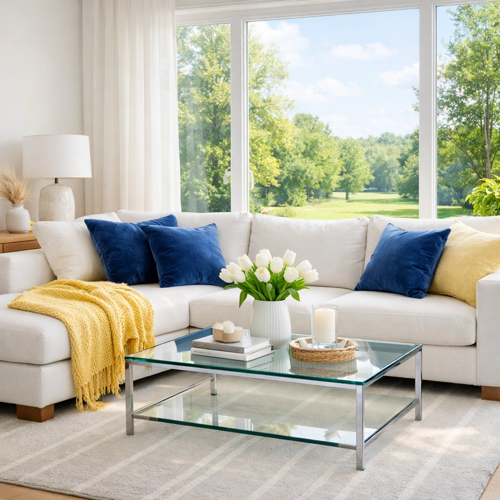 Clean Westford living room with vacuumed rugs and blue pillows after a professional weekly house cleaning.