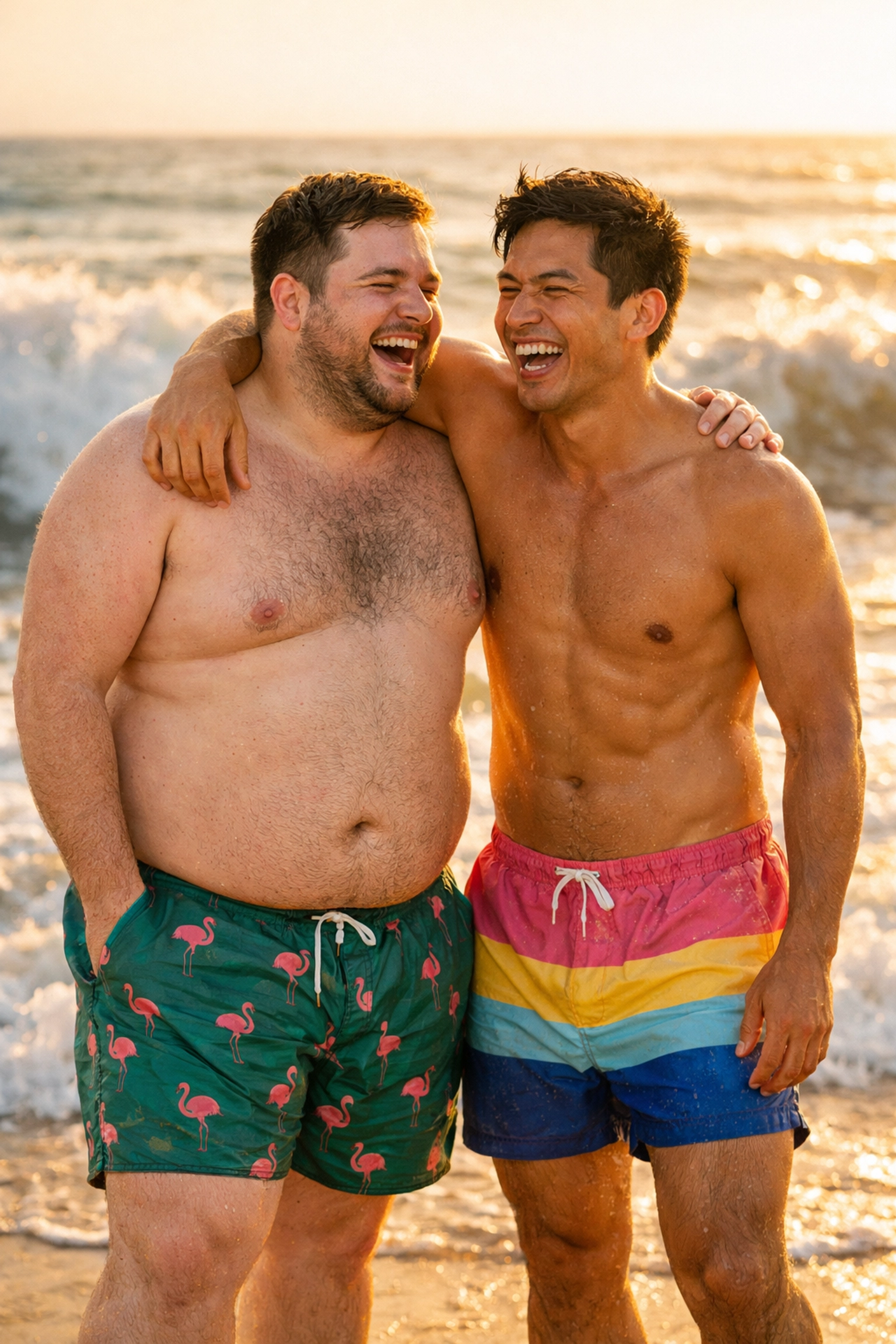 Two gay men with diverse body types embrace confidently at the beach in colorful swimwear