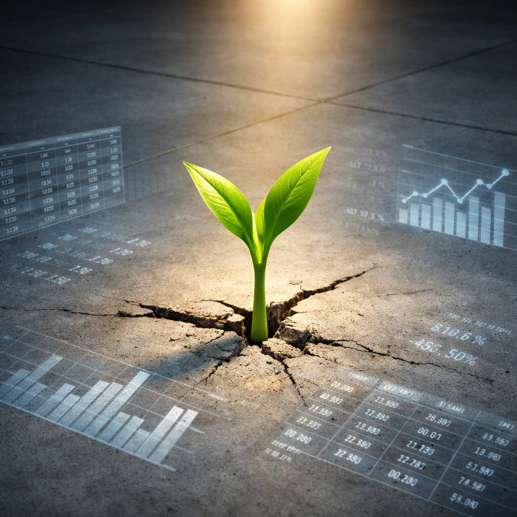 A green sprout growing through concrete and digital data, symbolizing human worth despite corporate optimization.
