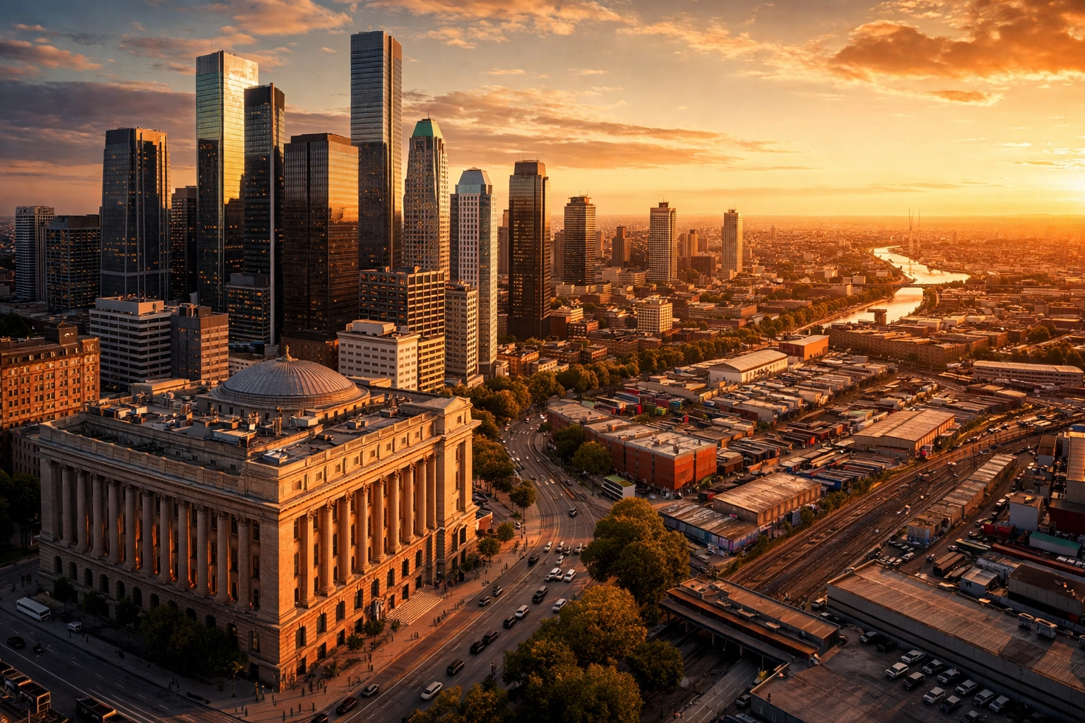 Aerial view of a cityscape symbolizing equities, bonds, and alternatives working together for portfolio diversification