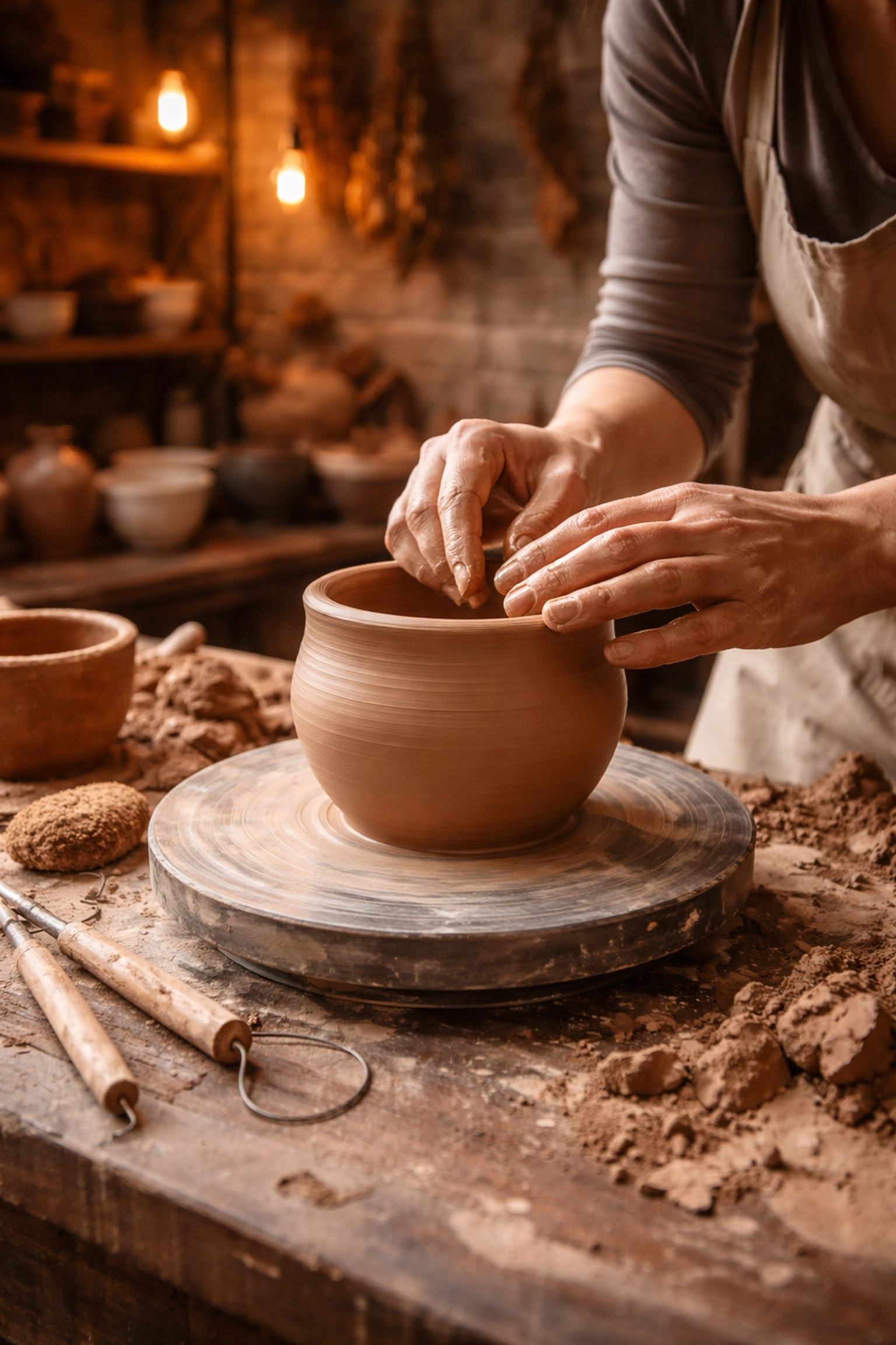 Artisan hands shaping pottery in a cozy workshop filled with handcrafted ceramics, emphasizing craftsmanship and handmade decor.
