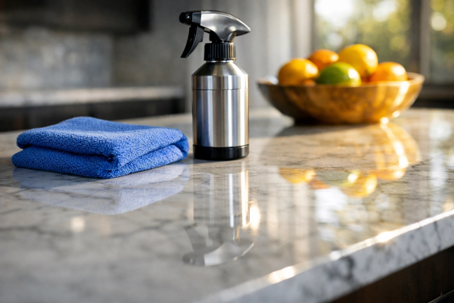 Detailed shot of a polished marble kitchen island cleaned with precision by house cleaning services MA.