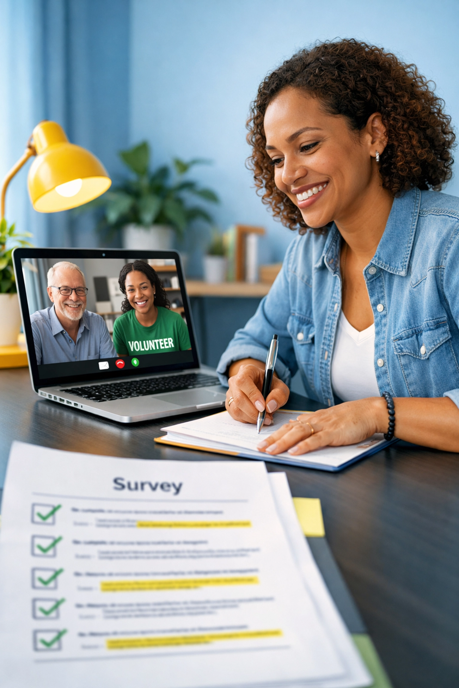 Nonprofit professional reviewing donor engagement survey responses during online meeting