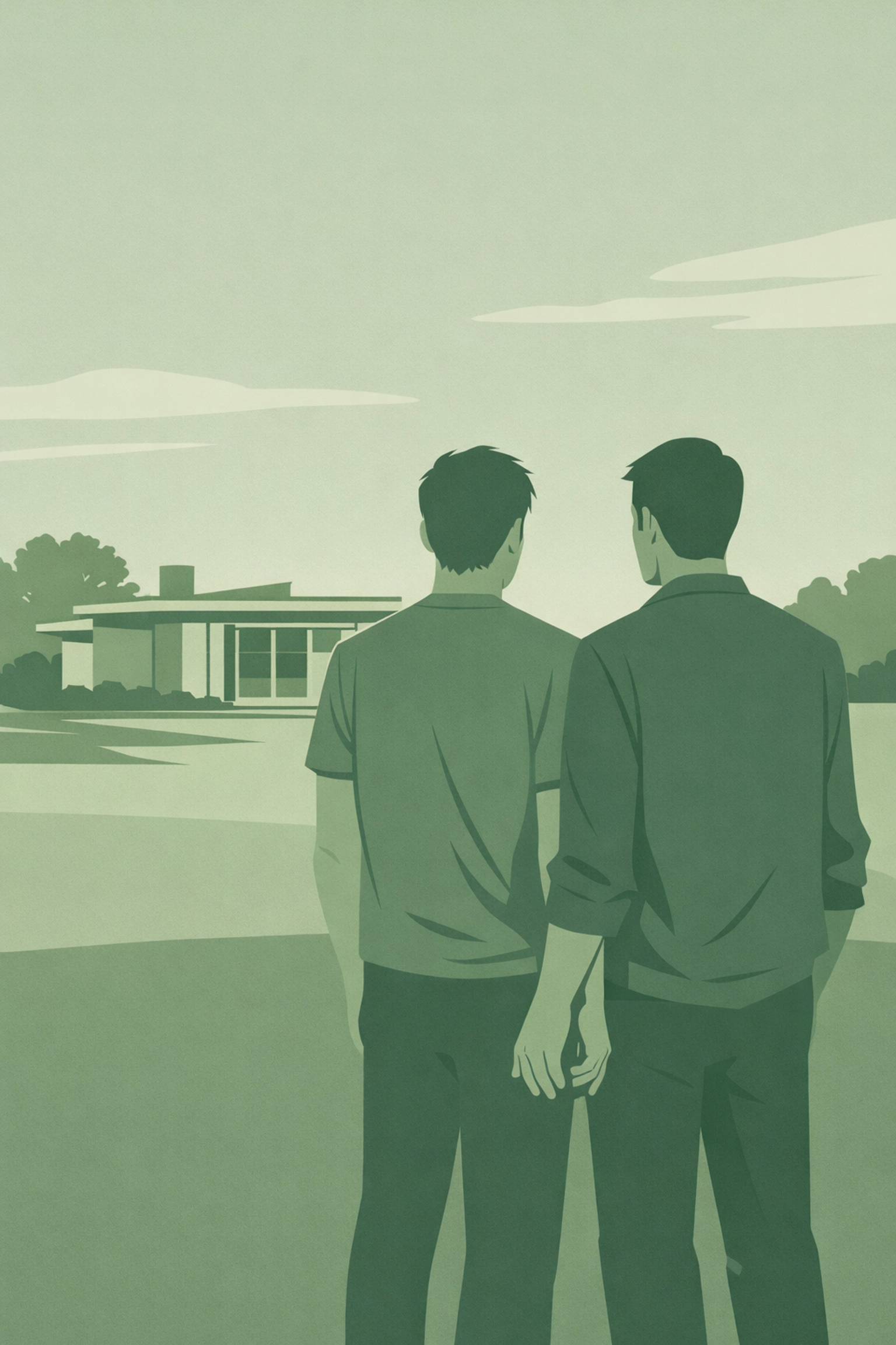 Two gay dads' sons standing outside family home - forbidden MM romance tension