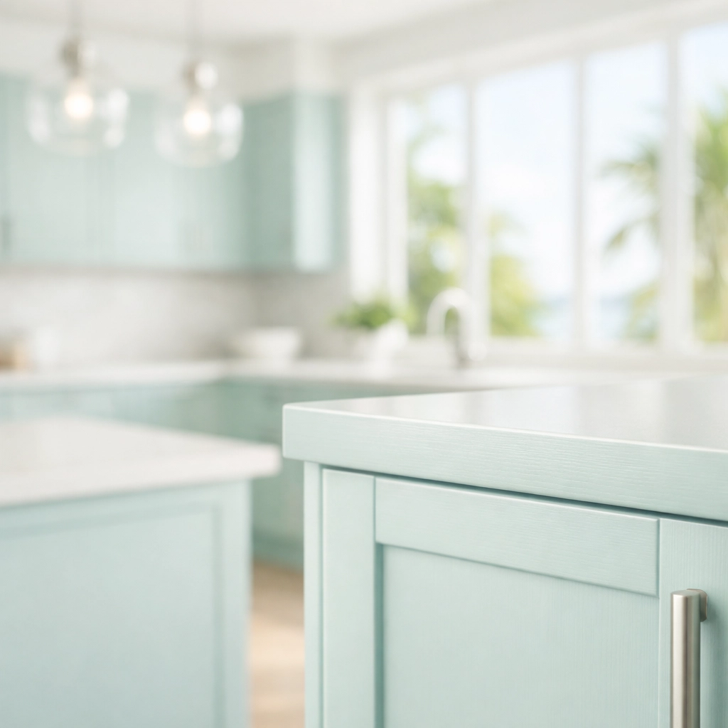 Coastal seafoam green kitchen cabinets painted with eco-friendly low-VOC interior paint.