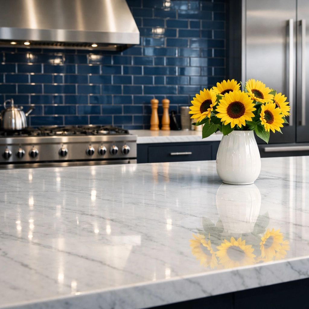 Sanitized luxury kitchen in Shrewsbury with sparkling marble countertops after move-in house cleaning.