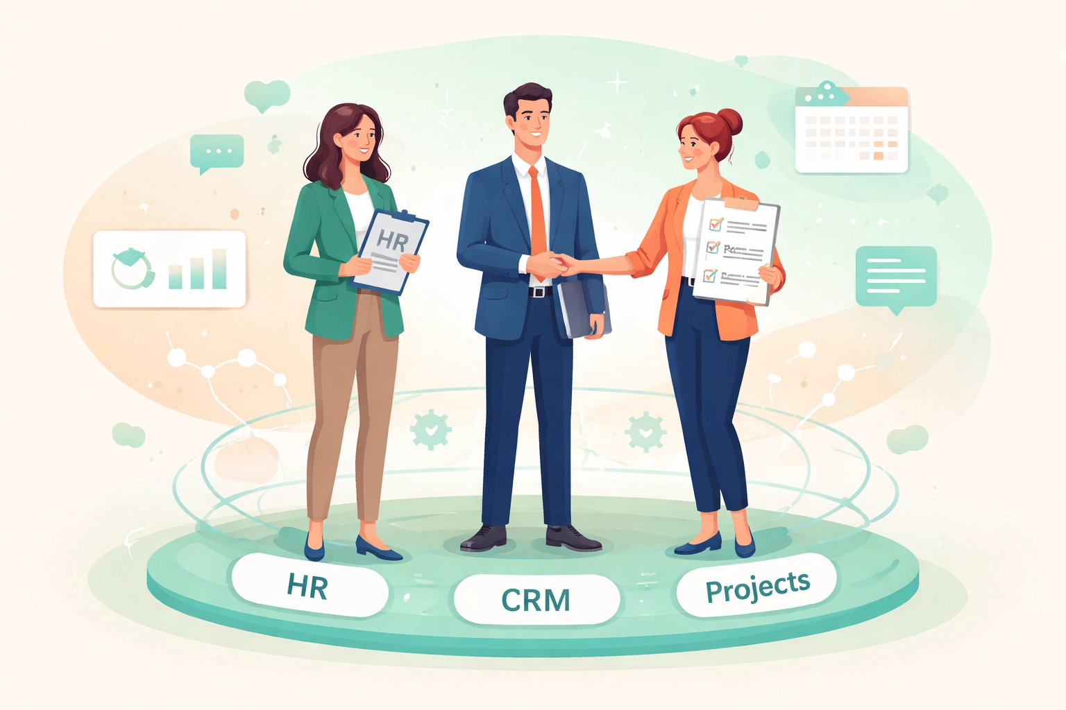 Three professionals collaborating on a unified HR, CRM, and project management platform, symbolizing data integration and teamwork.