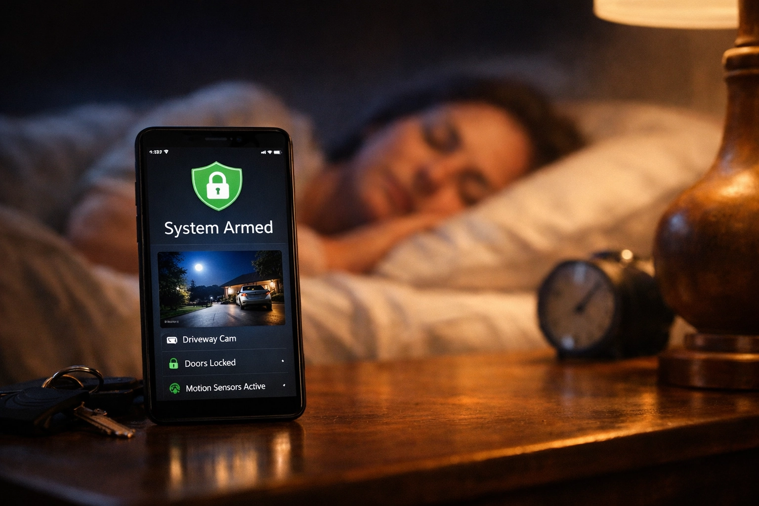 Smartphone app showing armed security system status for a peaceful night in South Wales.