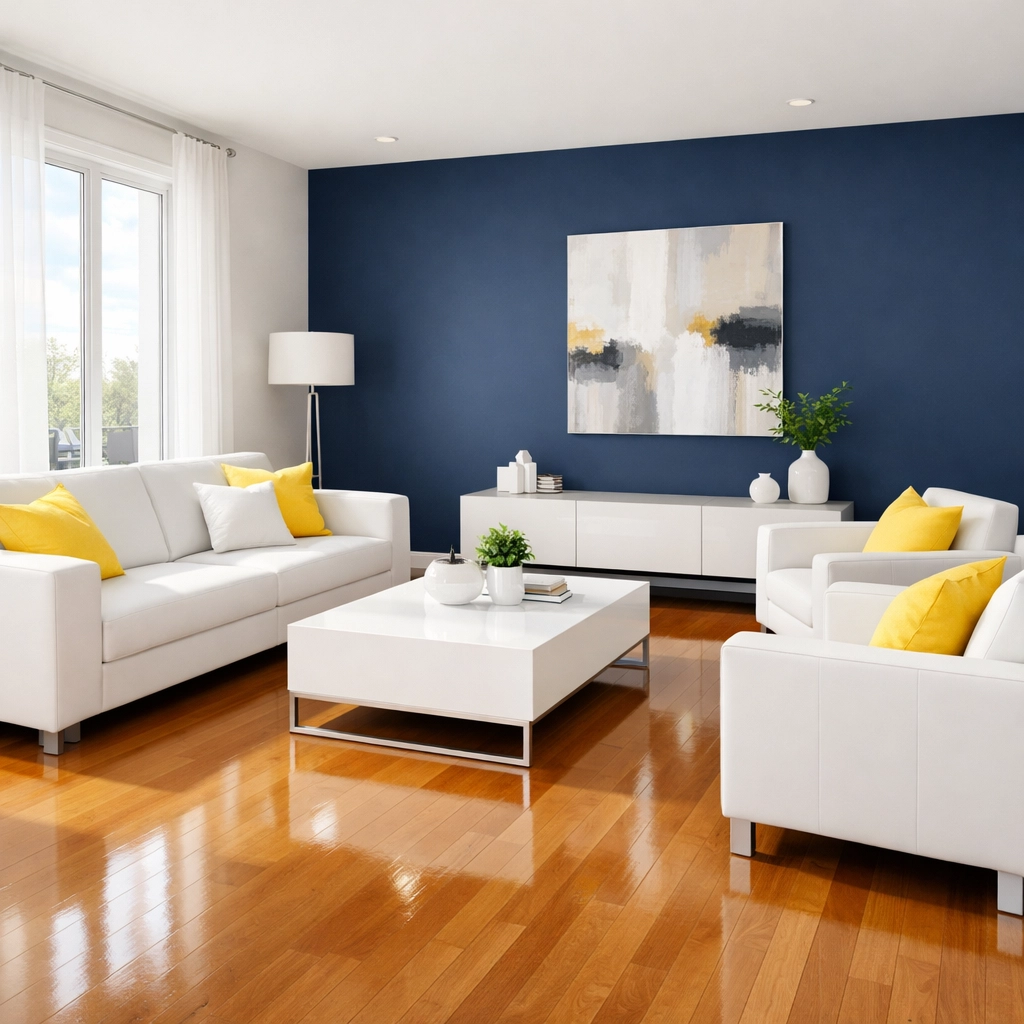 Spotless living room with polished floors showing professional cleaning results.
