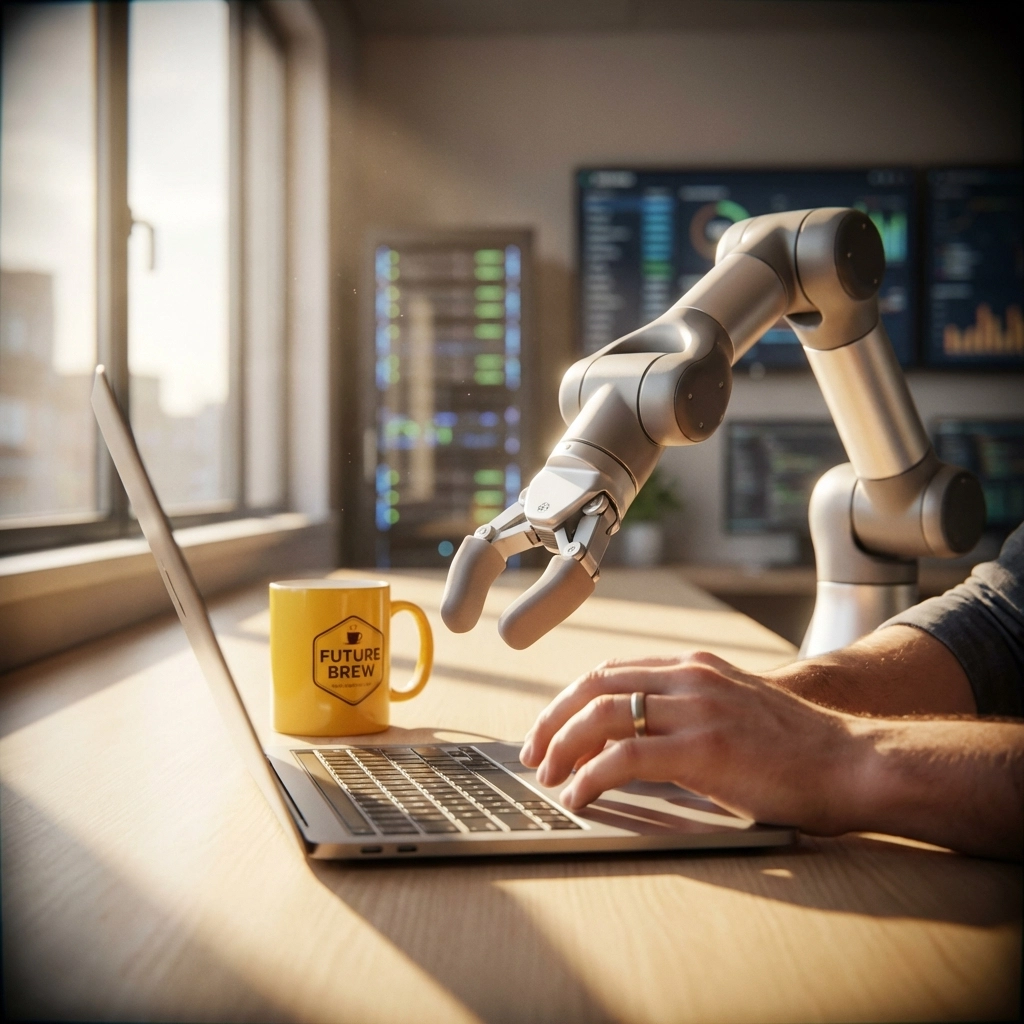 Human hand and robotic arm together on a laptop keyboard, representing MSP automation and streamlined operations