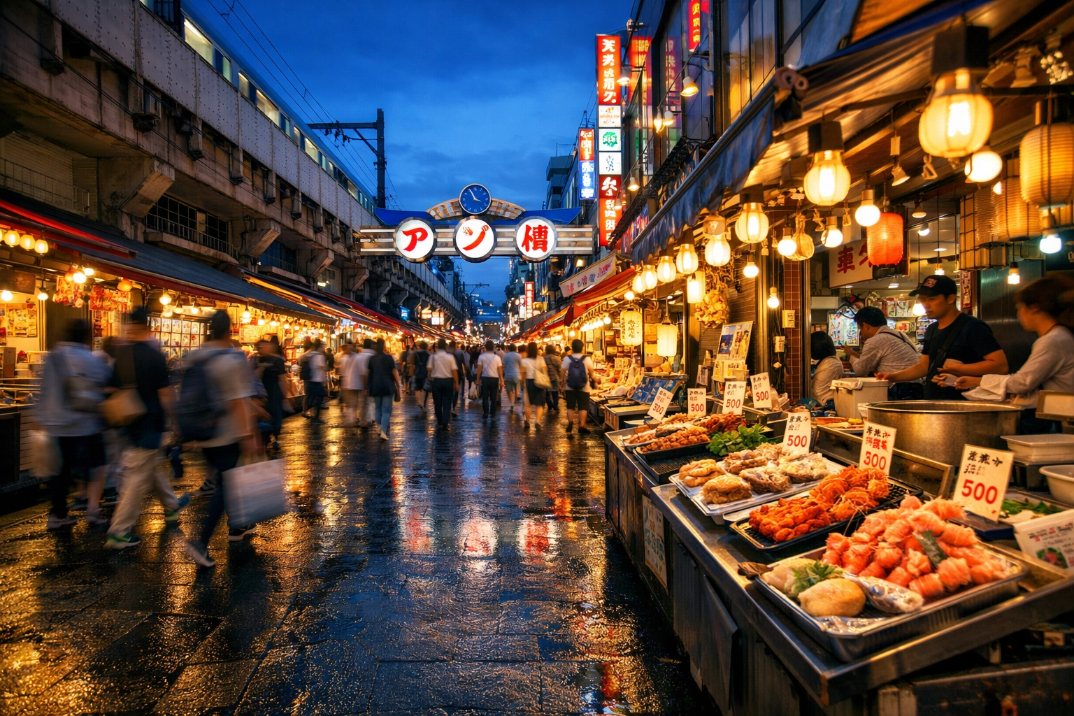 Busy Ameyoko Market street photography, highlighting the best food places and photo spots in Tokyo.