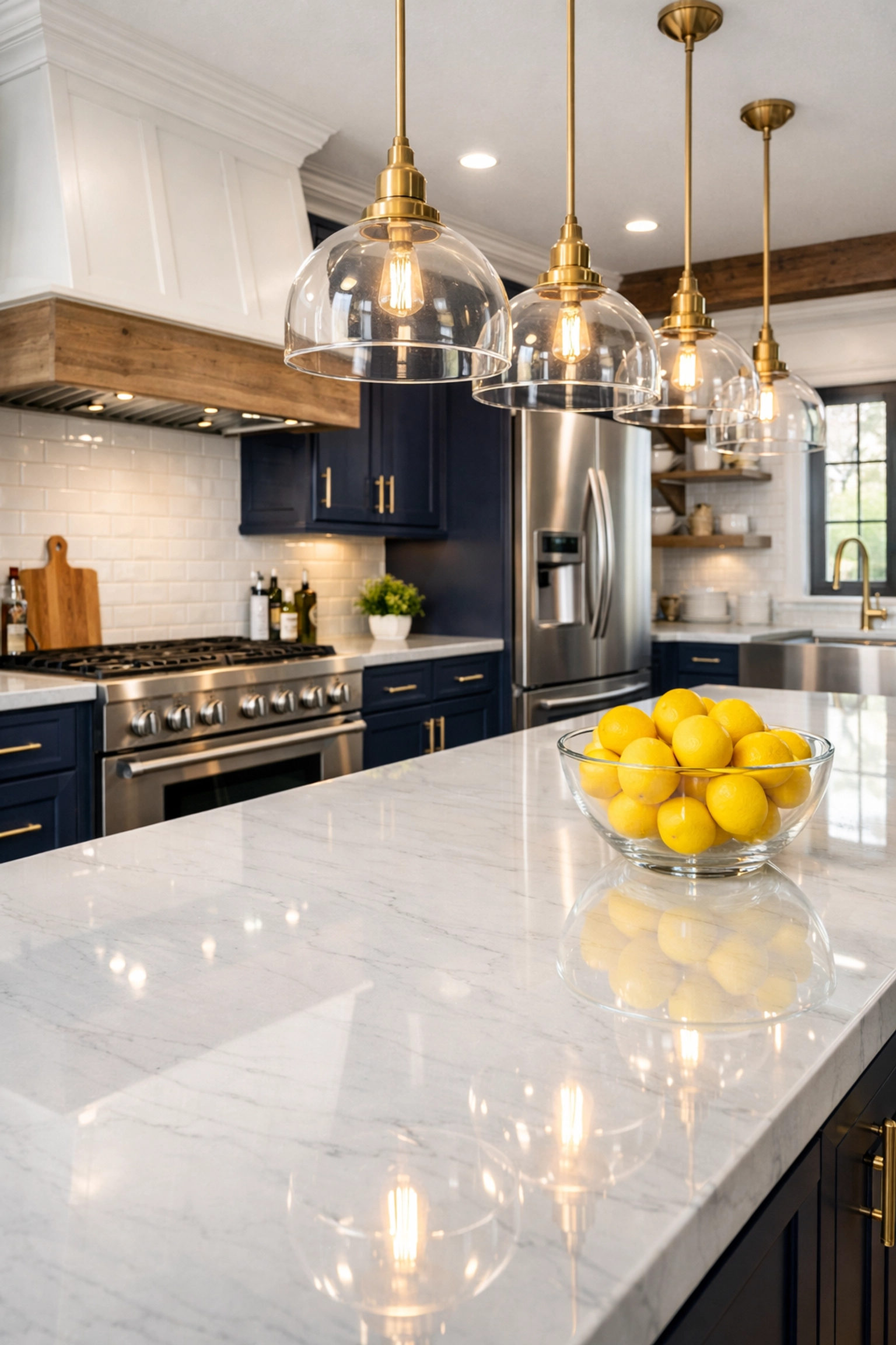 Sparkling clean kitchen with a white marble island and sanitized surfaces from professional Bolton house cleaning.