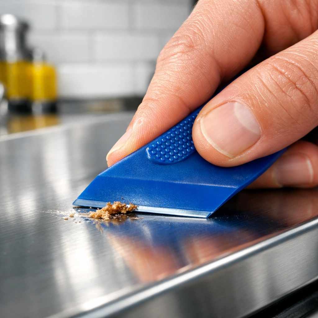 Using a plastic scraper to remove sticker residue from a stainless steel surface professionally.
