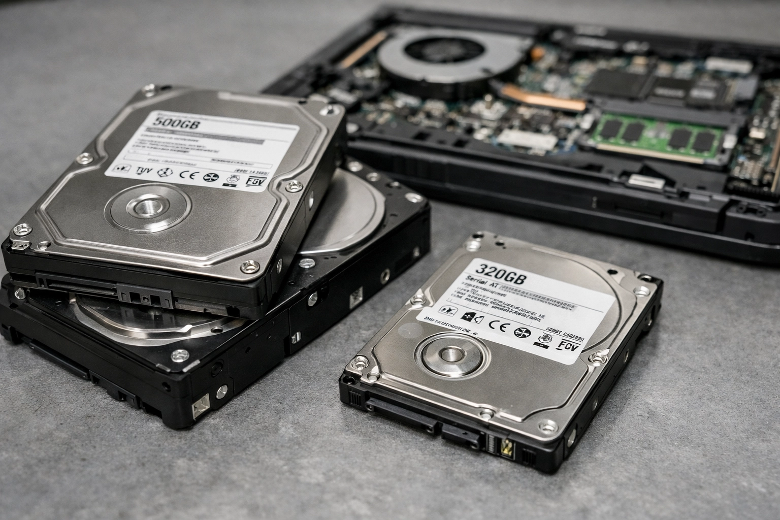 Internal hard drives and laptops prepared for secure data destruction and IT recycling services.