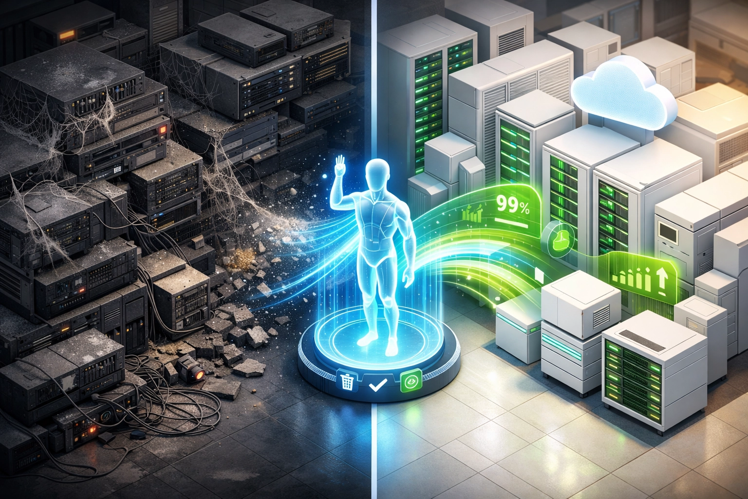 ServiceNow ITAM asset rationalization showing unused servers vs optimized cloud infrastructure