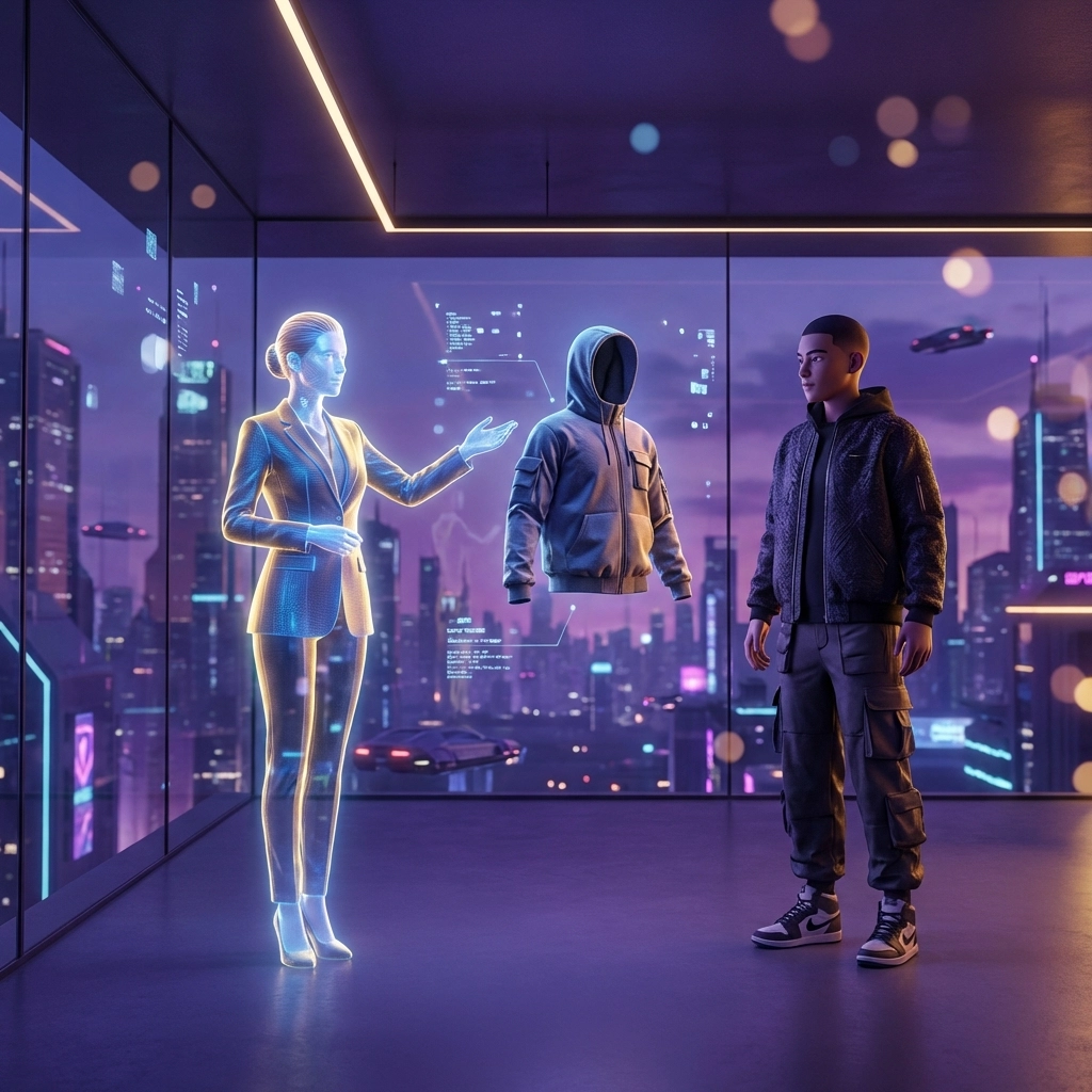 AI shopping assistant and digital avatar in a futuristic boutique for metaverse crypto payments and Web3 retail.