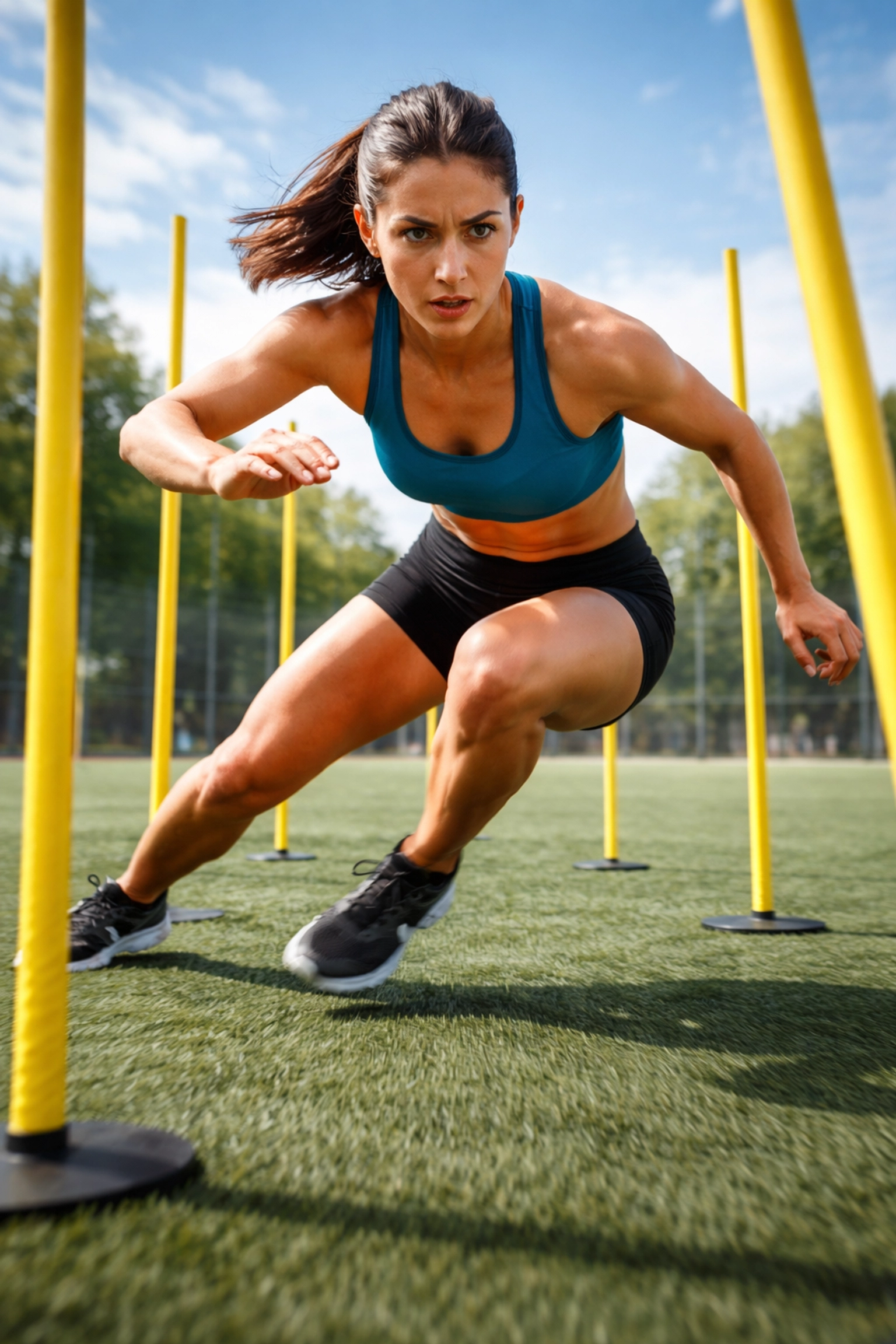 Female athlete shuffling laterally through yellow speed poles on turf, demonstrating agility training.