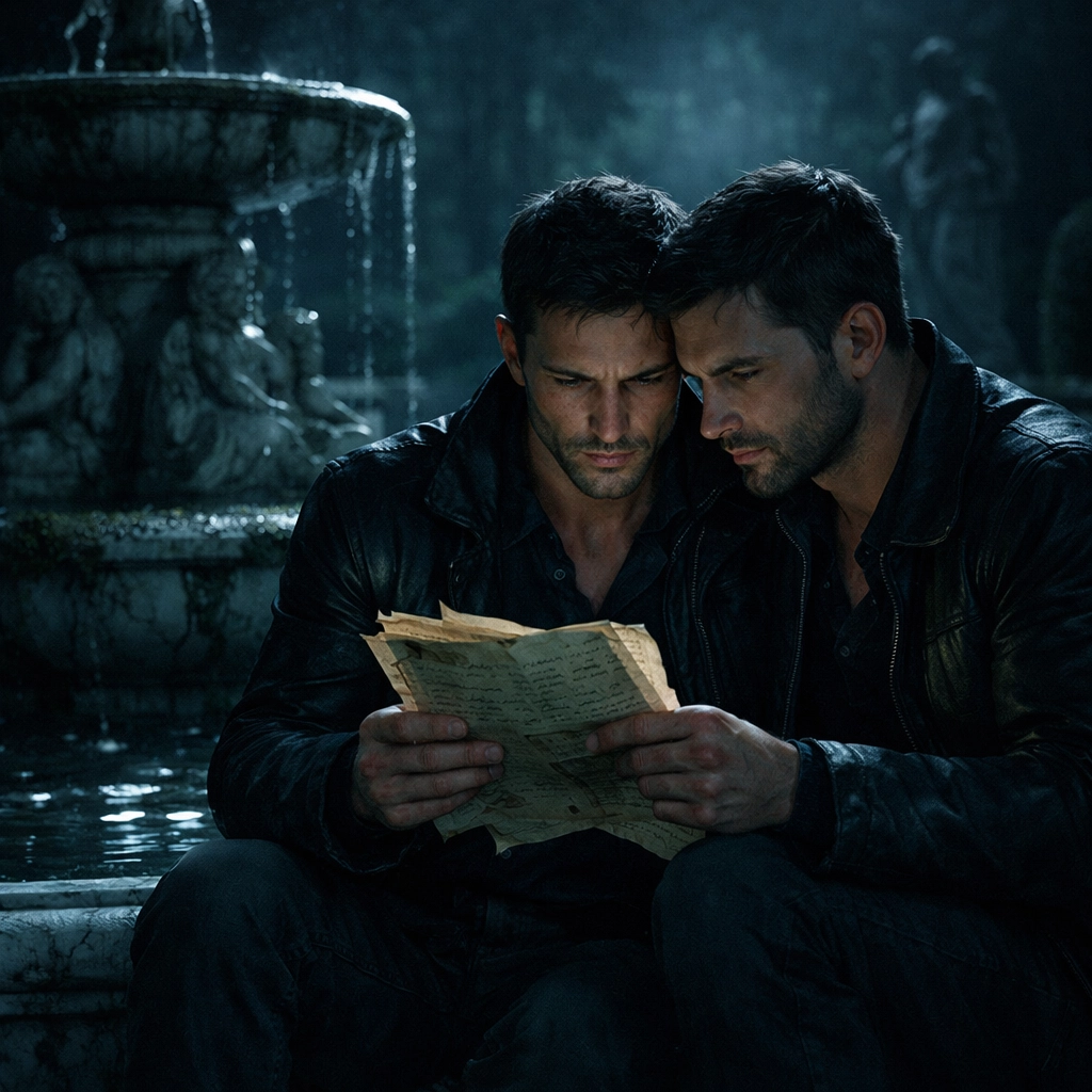 Two men examine a secret manuscript by a garden fountain in this Vatican-themed forbidden love MM romance scene.