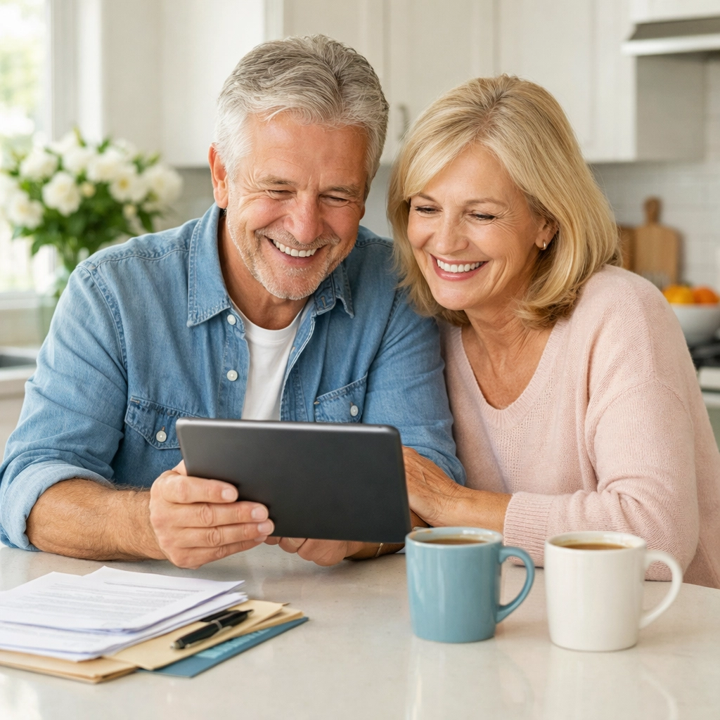 A relaxed T65 couple planning their retirement and Medicare transition with clarity at their kitchen counter.