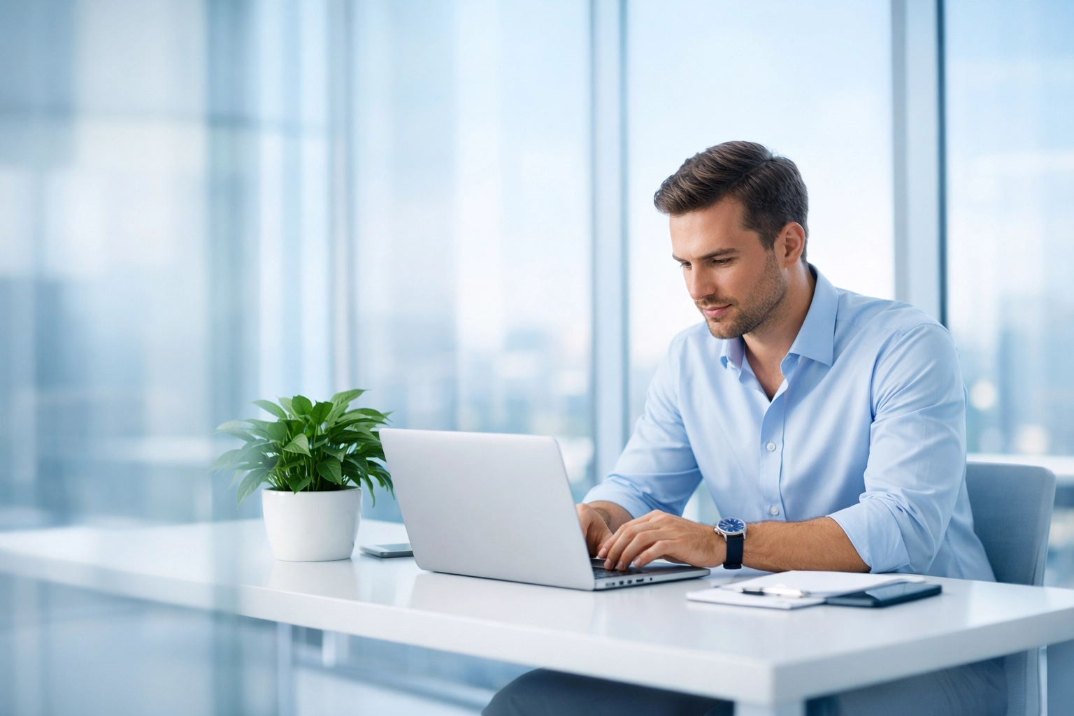 Modern office with a healthy worker and plants, showcasing clean indoor air quality through professional office cleaning services.