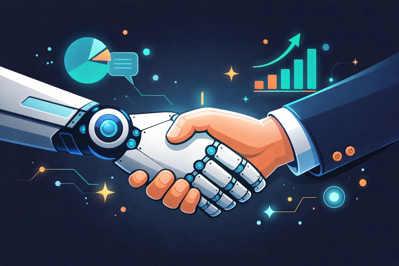 A human and robot hand shaking symbolizes AI partnership for Chattanooga businesses' digital marketing success.